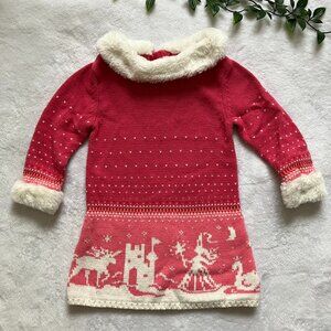 Isaac Mizrahi Baby Sweater Dress 12M | Pink Fair Isle Castle Knit Faux Fur VGUC